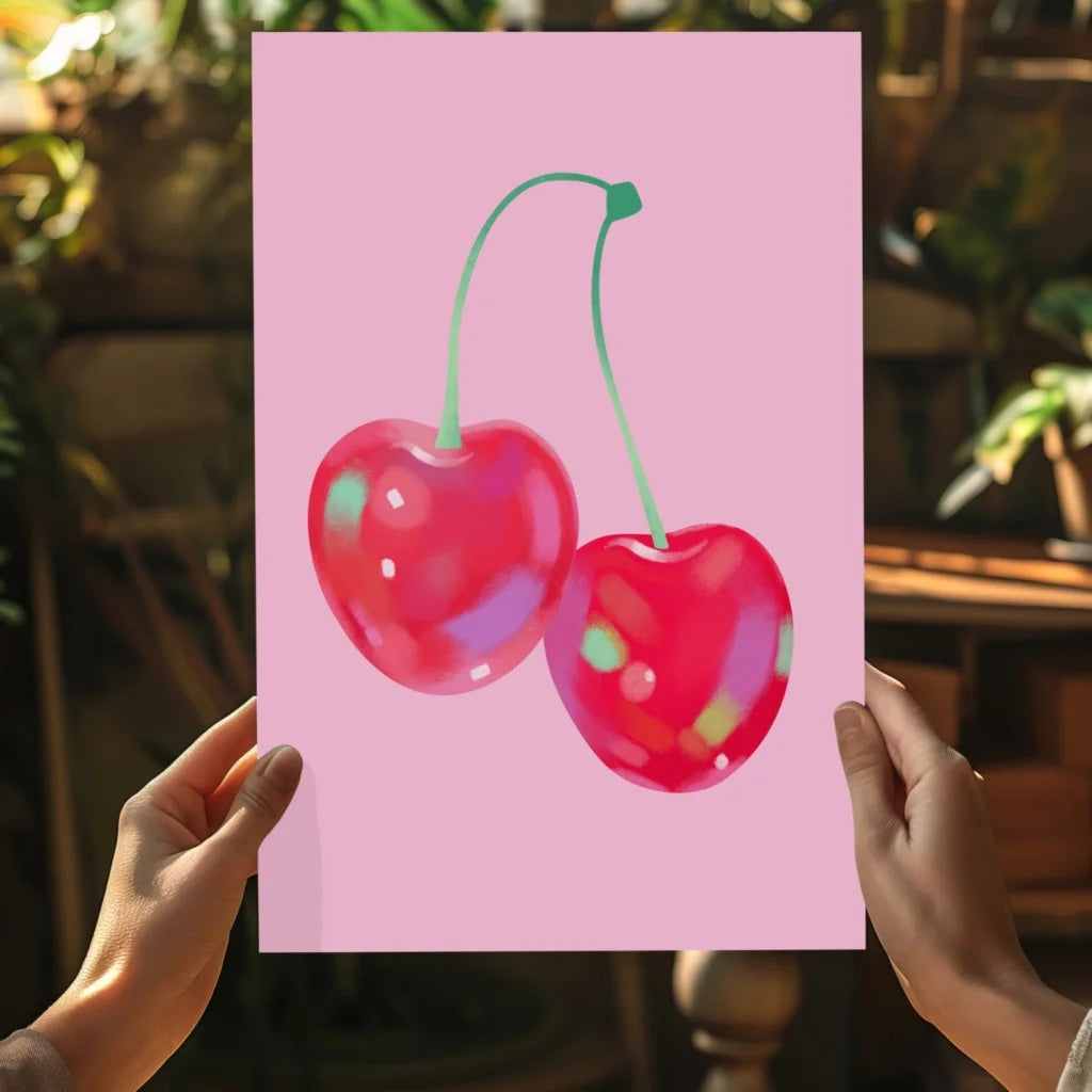 Vibrant pink glossy cherry insigne aluminum prints with red cherries and green stems
