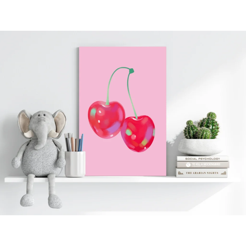 Vibrant pink insigne aluminum print of glossy red cherries with green stems