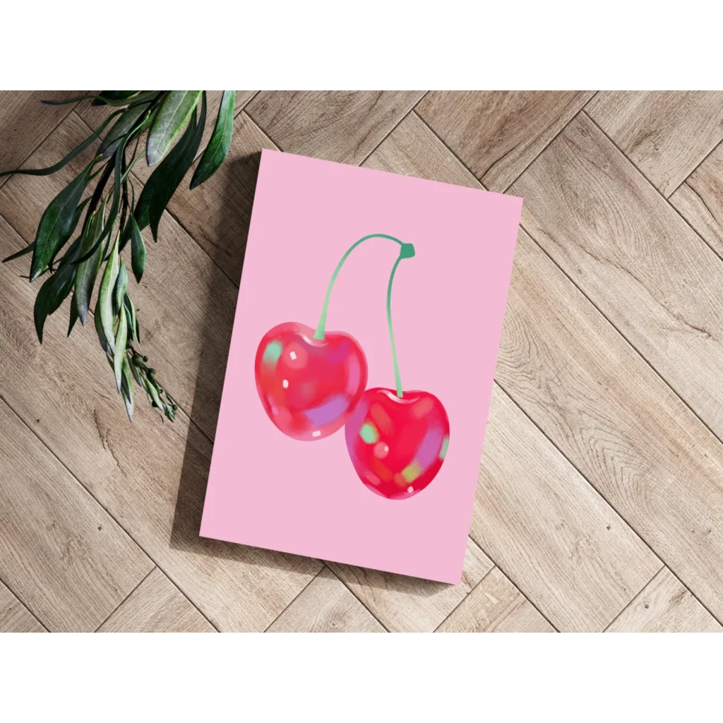 Glossy red cherries on pink background in insigne aluminum prints