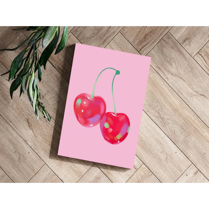 Glossy red cherries on pink background in insigne aluminum prints