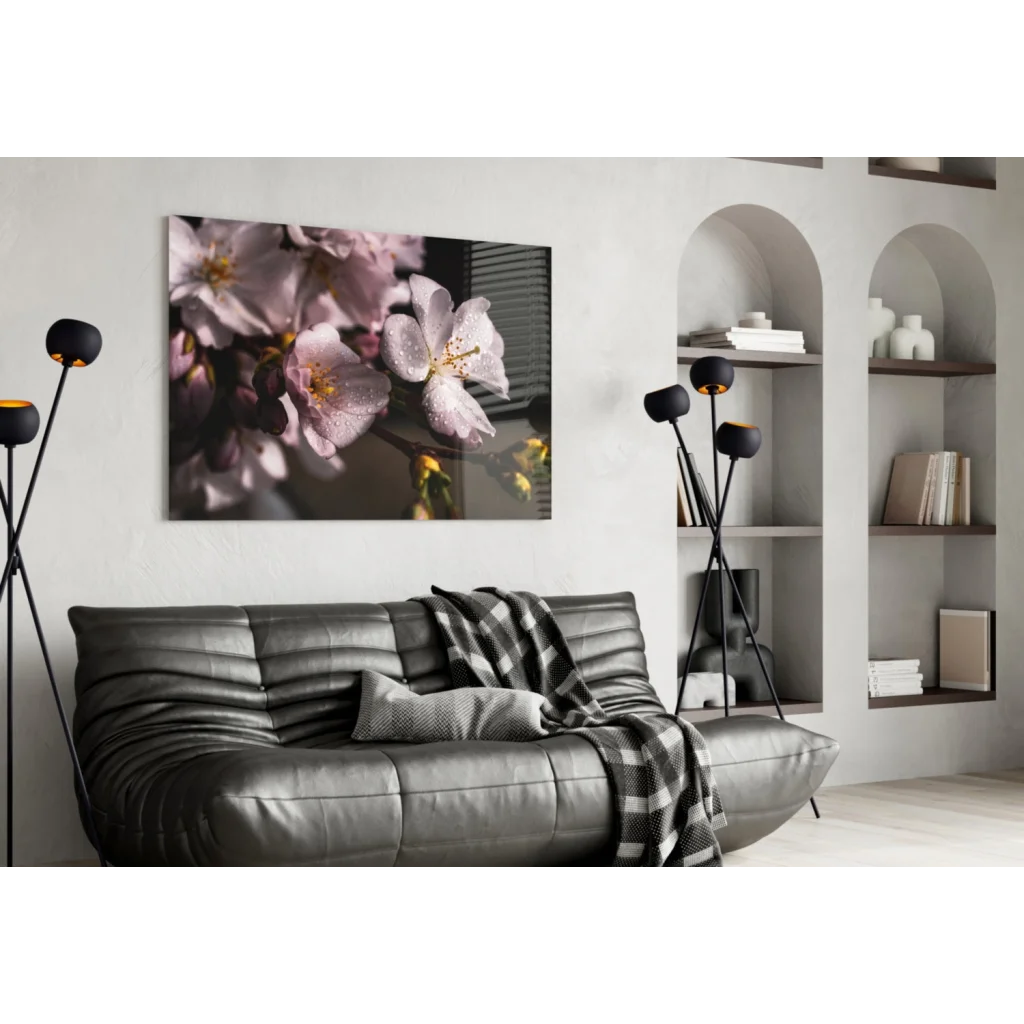 Delicate pink cherry blossoms with dewdrops on canvas wall art