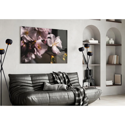 Delicate pink cherry blossoms with dewdrops on canvas wall art