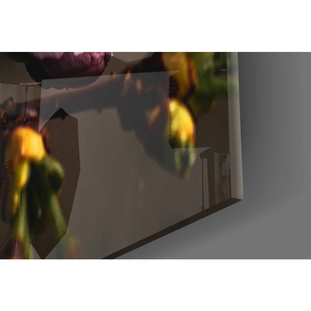 Framed Cherry Blossom Dewdrop glass wall art with vibrant yellow green florals