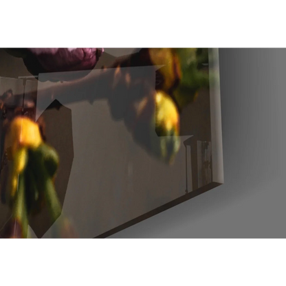 Framed Cherry Blossom Dewdrop glass wall art with vibrant yellow green florals