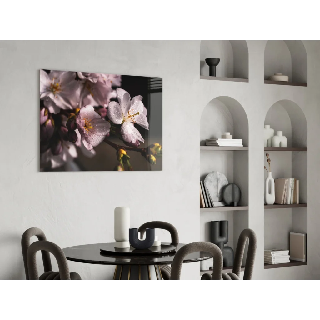 Delicate pink cherry blossom dewdrop wall art on canvas