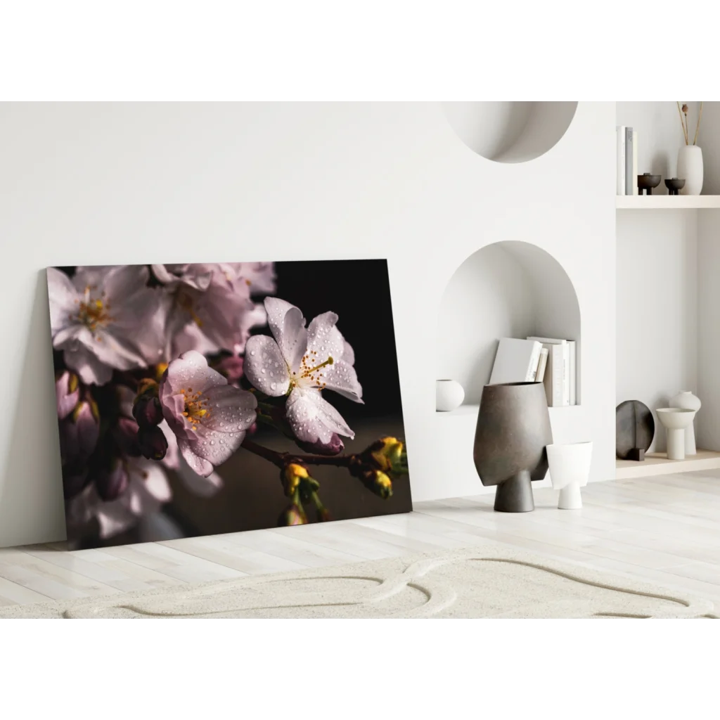 Cherry Blossom Dewdrop canvas wall art with pink blossoms and dewdrops