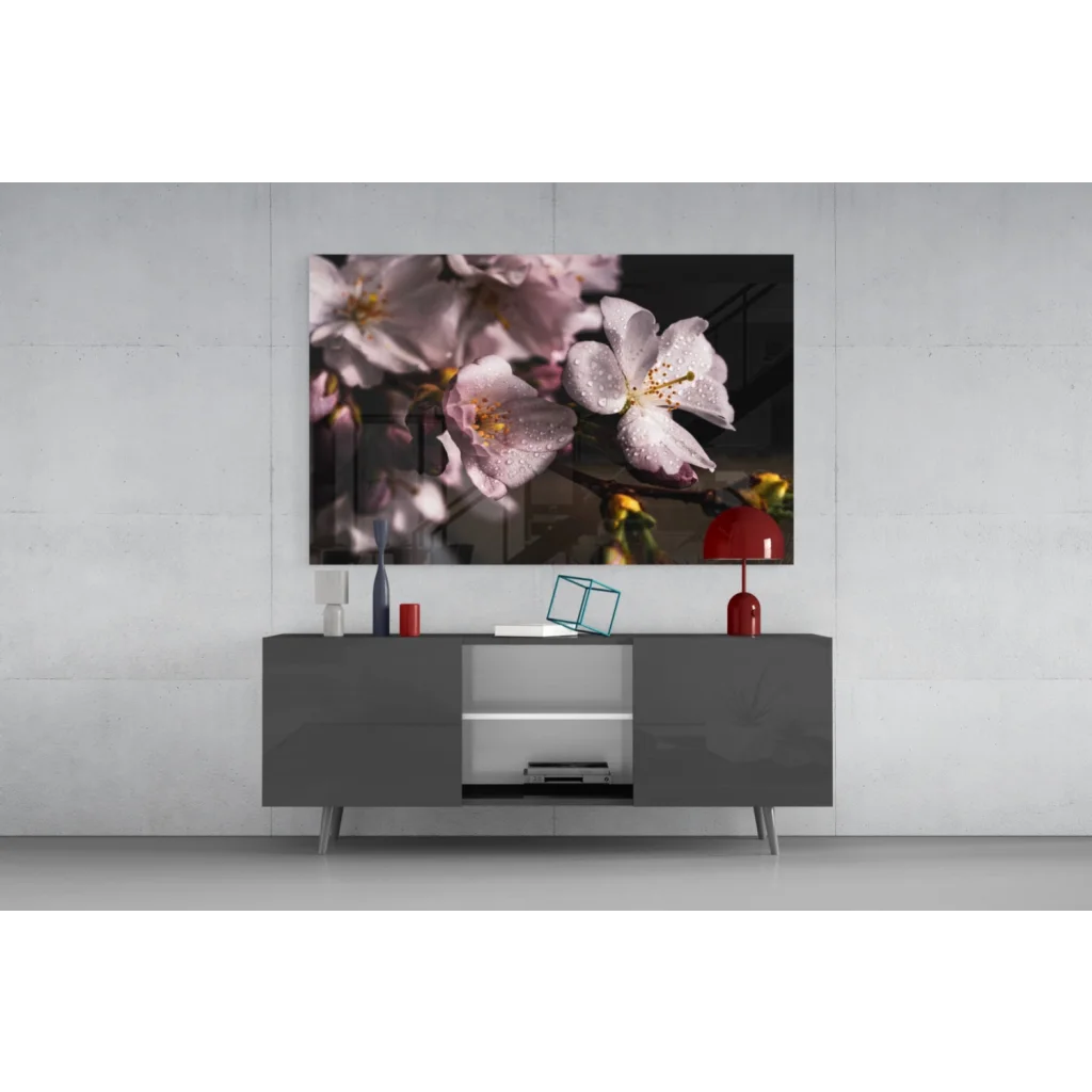 Framed pink cherry blossom dewdrop wall art on gray console