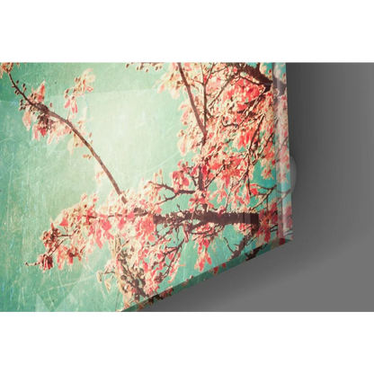 Stunning pink cherry blossom tempered glass art on teal background