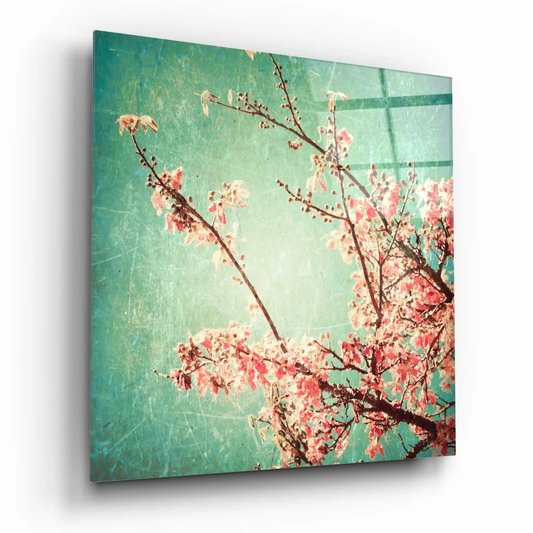 Stunning pink cherry blossom tempered glass art on teal background