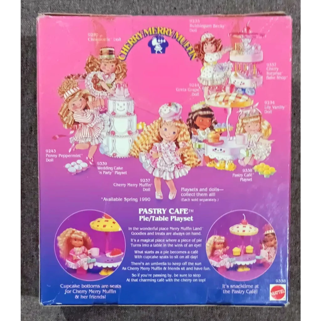 Vintage 1989 Cherry Merry Muffin pastry cafe playset with mini cakes on pink-purple gradient