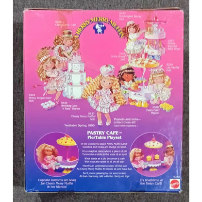 Vintage 1989 Cherry Merry Muffin pastry cafe playset with mini cakes on pink-purple gradient