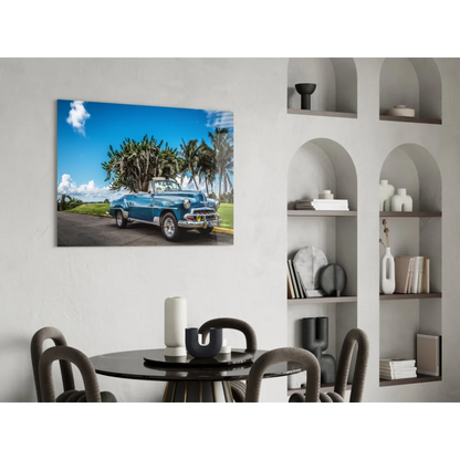 Vintage blue convertible car photo as wall art print