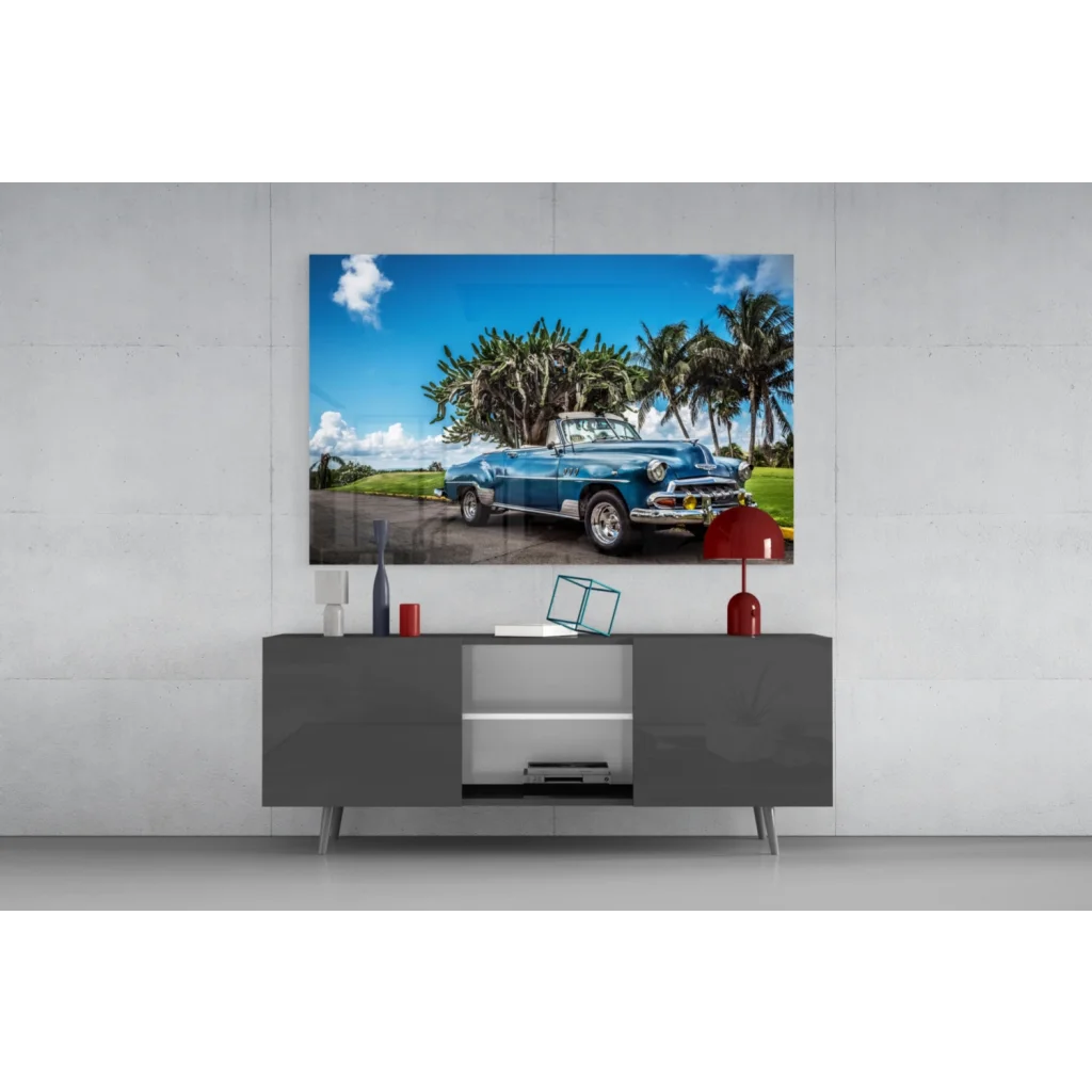 Vibrant blue vintage convertible canvas wall art print