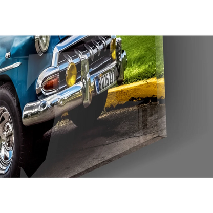 Blue vintage convertible car wall art print with chrome grille