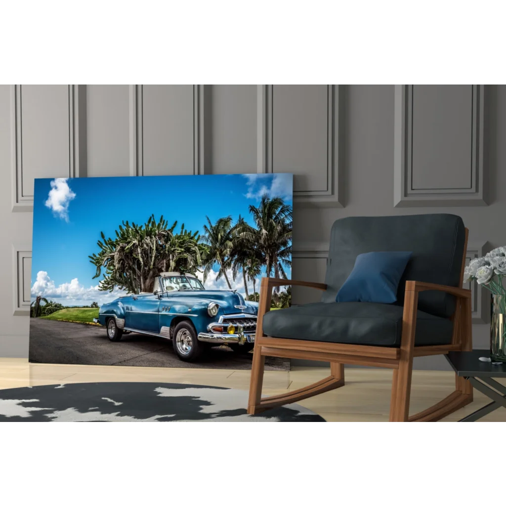 Vintage blue convertible wall art print of 1950s car under palms