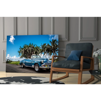 Vintage blue convertible wall art print of 1950s car under palms