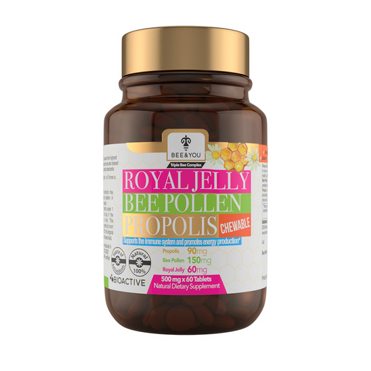 Brown glass bottle with gold cap displaying colorful label for Bee and You Royal Jelly, Bee Pollen, and Propolis chewable tablets, front view.