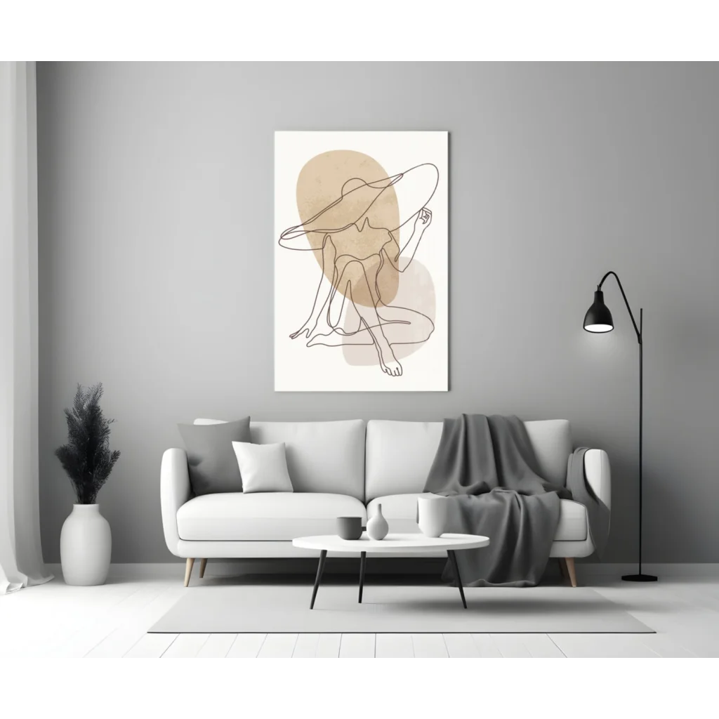 Minimalist chic hat lady line art canvas wall art with beige shapes