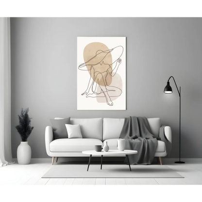 Minimalist chic hat lady line art canvas wall art with beige shapes