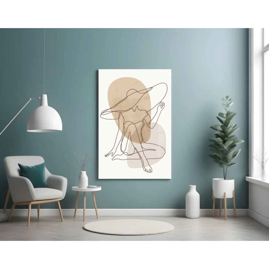 Chic Hat Lady minimalist line art canvas wall art with woman in oversized hat