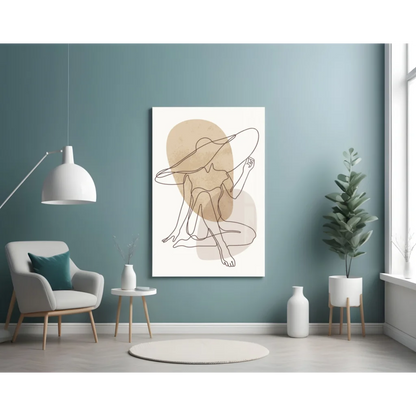 Chic Hat Lady minimalist line art canvas wall art with woman in oversized hat