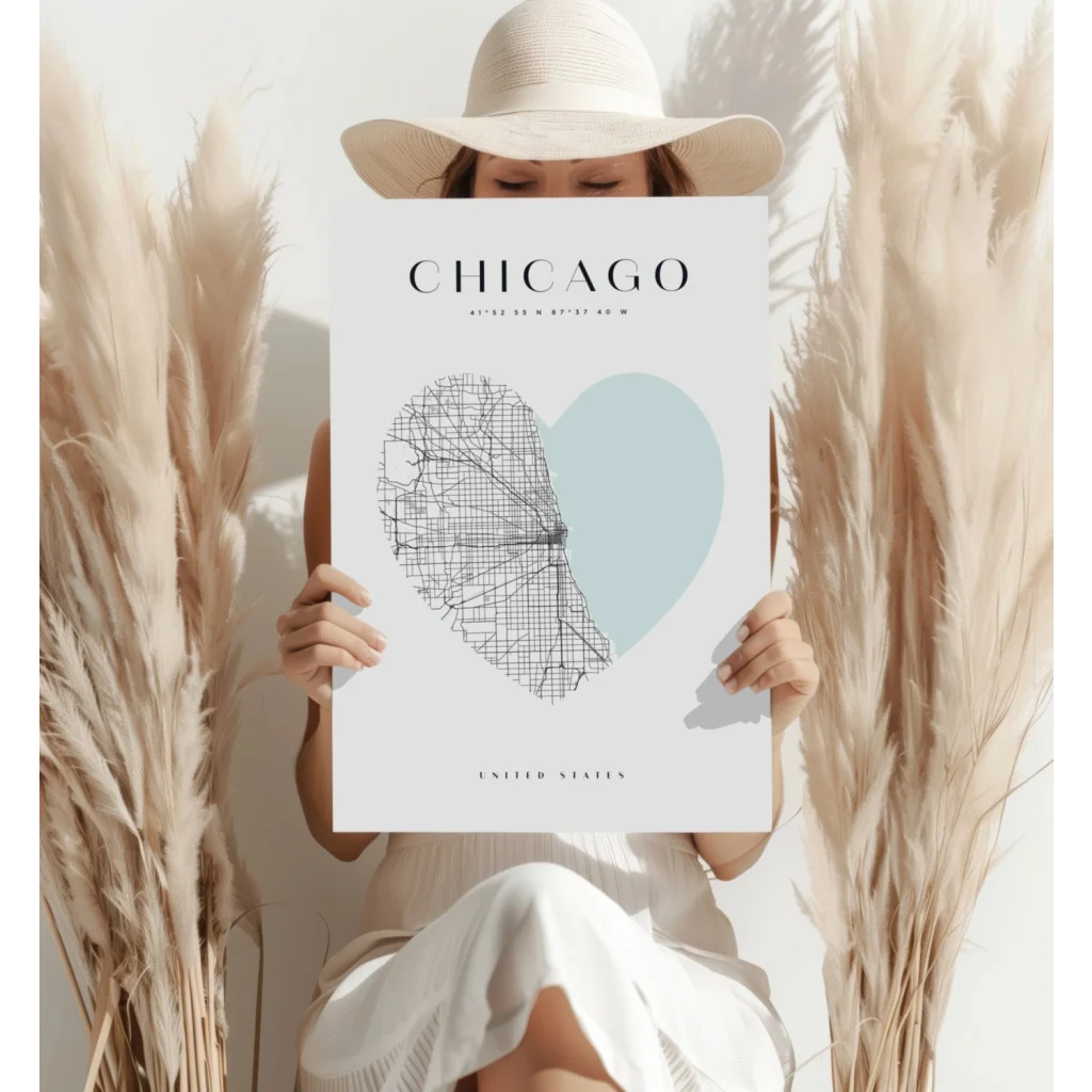 Minimalist Chicago heart map on insigne aluminum print poster