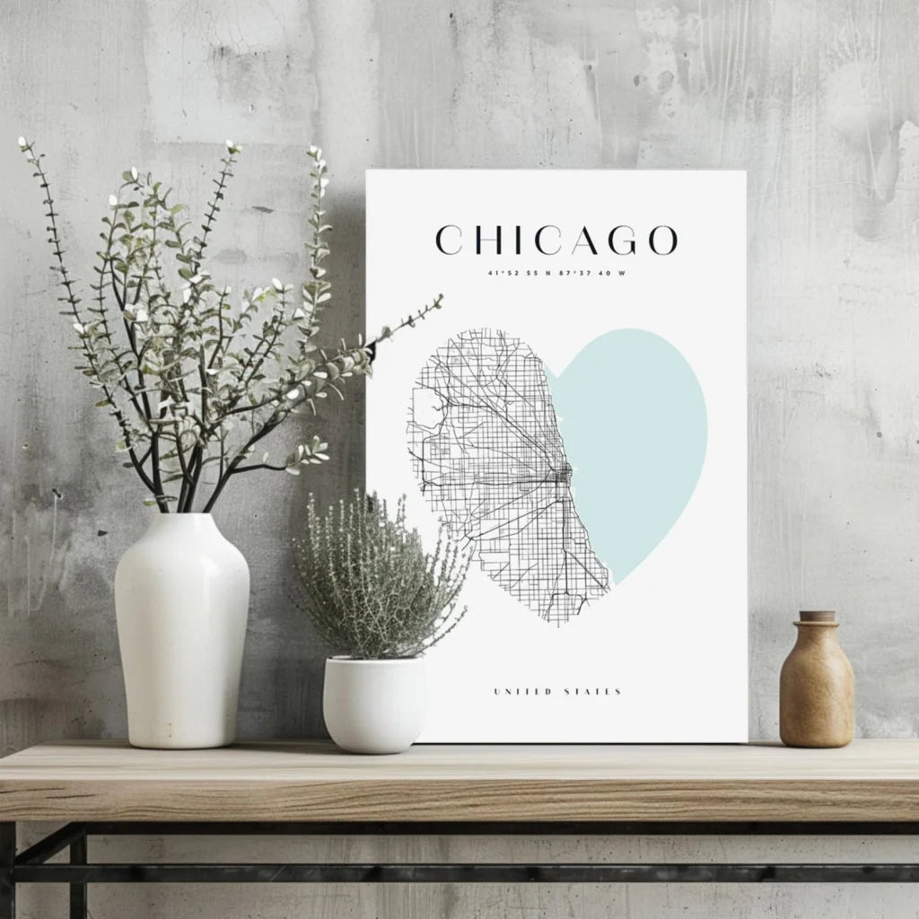Minimalist Chicago heart map on insigne aluminum print