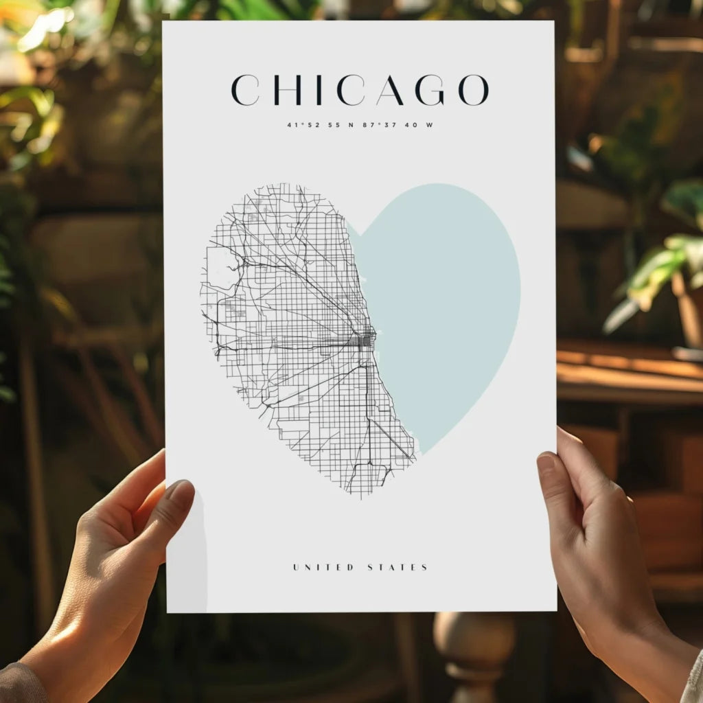 Chicago heart map insigne aluminum print in minimalist style