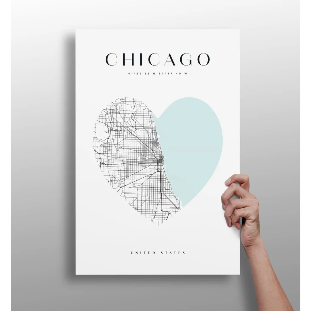 Chicago heart map insigne aluminum print in minimalist white poster style
