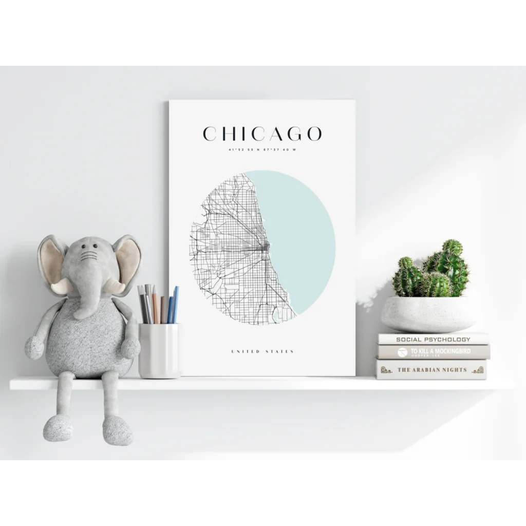Stunning Chicago map insigne aluminum print with minimalist white frame