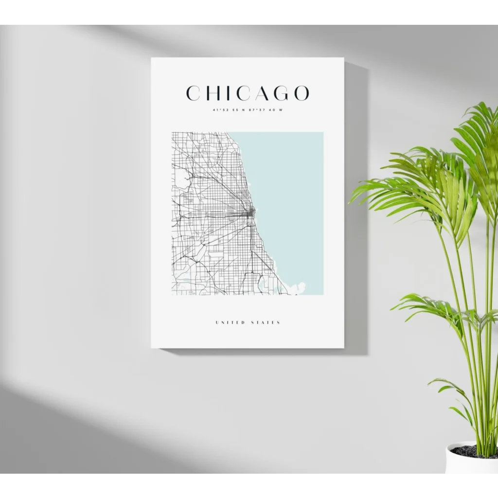 Minimalist Chicago map on insigne aluminum print with blue watercolor wash