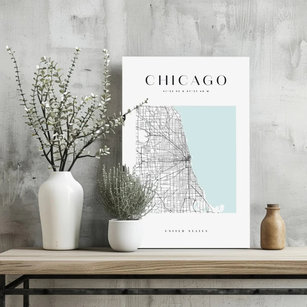 Minimalist Chicago map on insigne aluminum print with blue wash