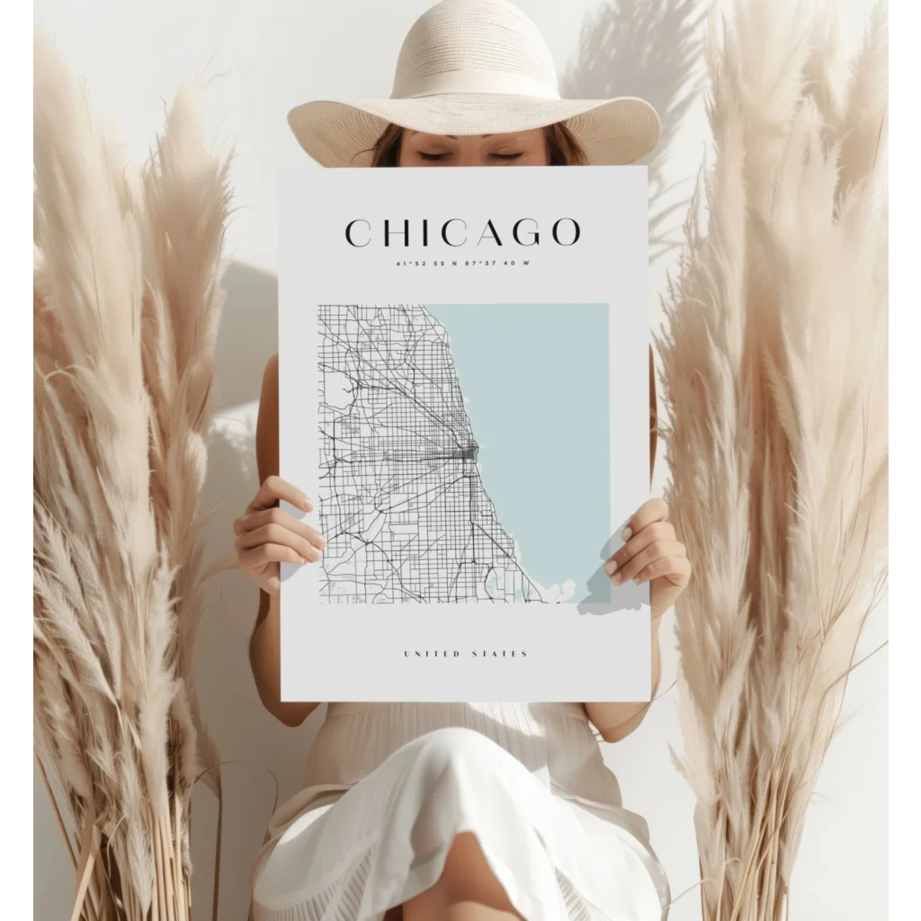 Framed minimalist Chicago city map on insigne aluminum print