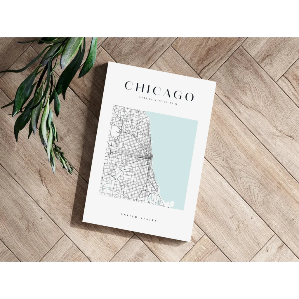 Minimalist Chicago map insigne aluminum print with blue watercolor accent