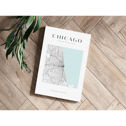 Minimalist Chicago map insigne aluminum print with blue watercolor accent