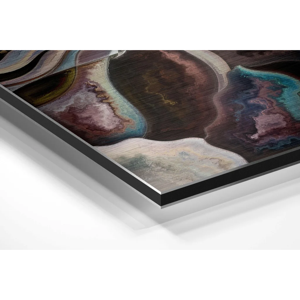 Swirling abstract art print on brushed aluminium dibond in purples, teals, browns