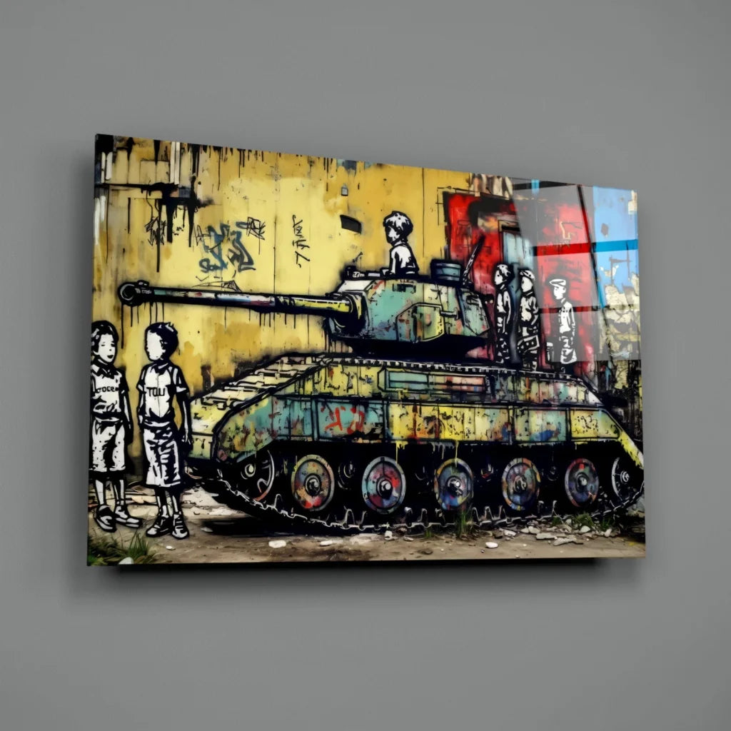 Vibrant graffiti tank wall art canvas with colorful kids nearby