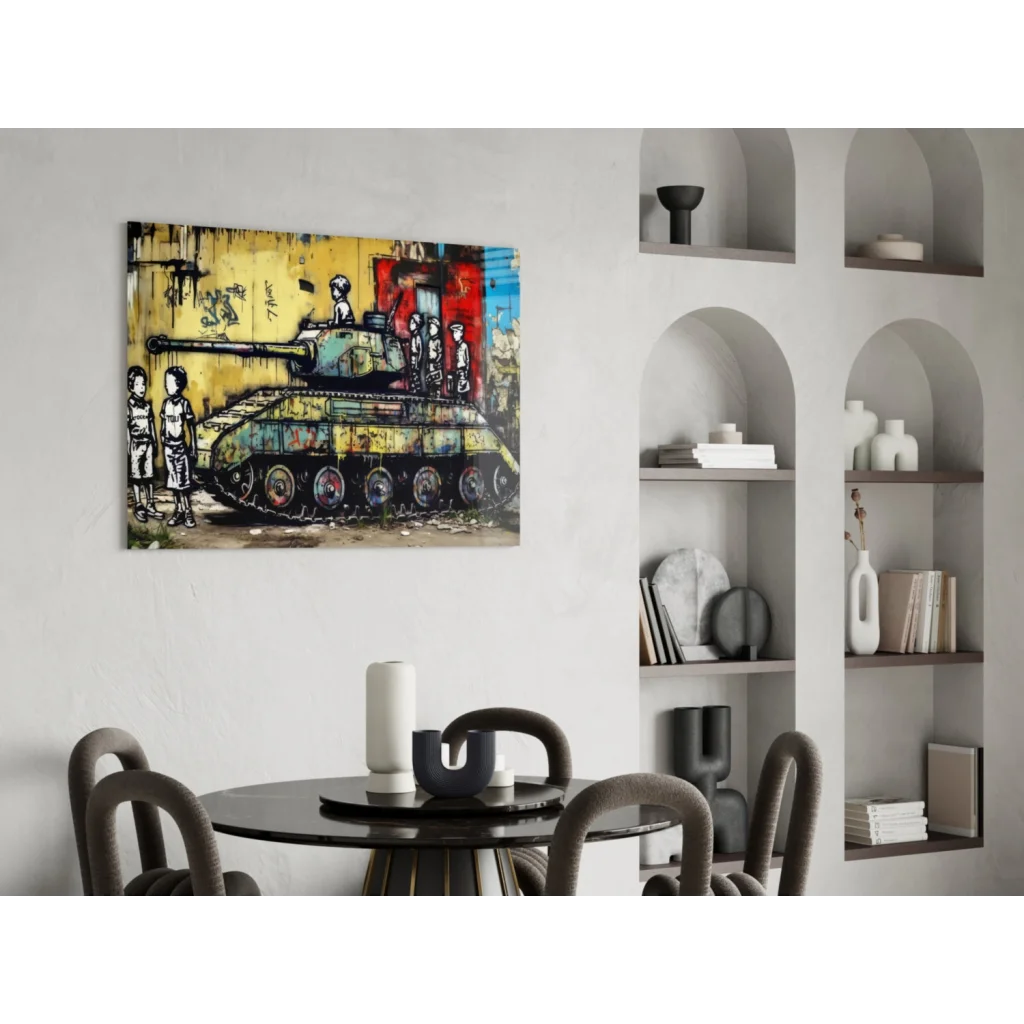 Vibrant graffiti tank with kids on colorful wall art canvas