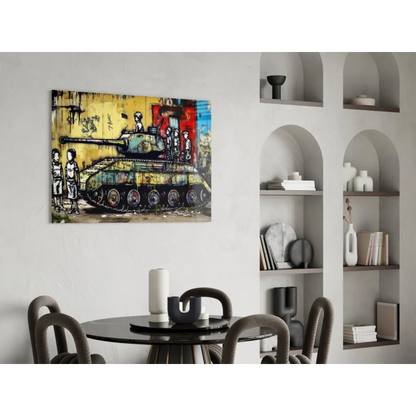 Vibrant graffiti tank with kids wall art canvas in bold yellow red hues