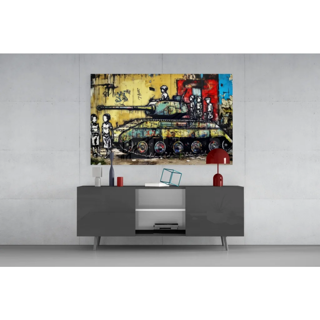 Vibrant graffiti tank wall art canvas with kids and bold colors