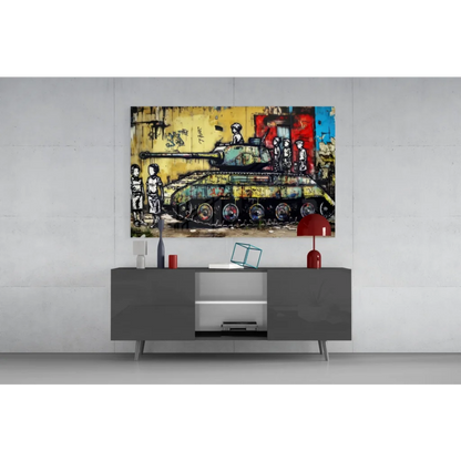 Vibrant graffiti tank wall art canvas with kids and bold colors