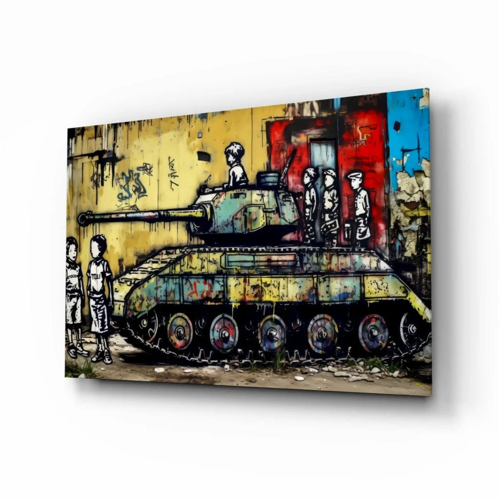 Vibrant graffiti tank wall art canvas with kids in green and yellow