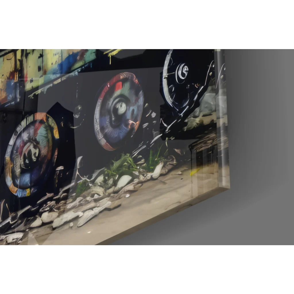 Vibrant graffiti tank street art canvas wall art with colorful circular designs