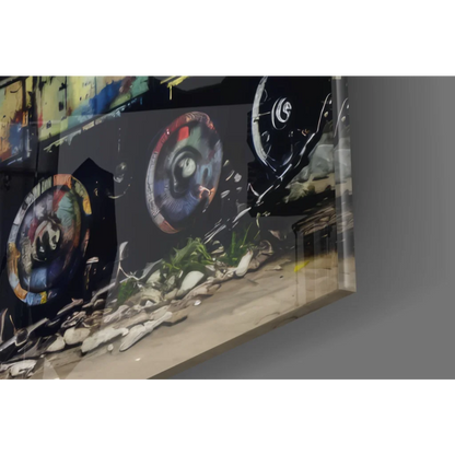 Vibrant graffiti tank street art canvas wall art with colorful circular designs
