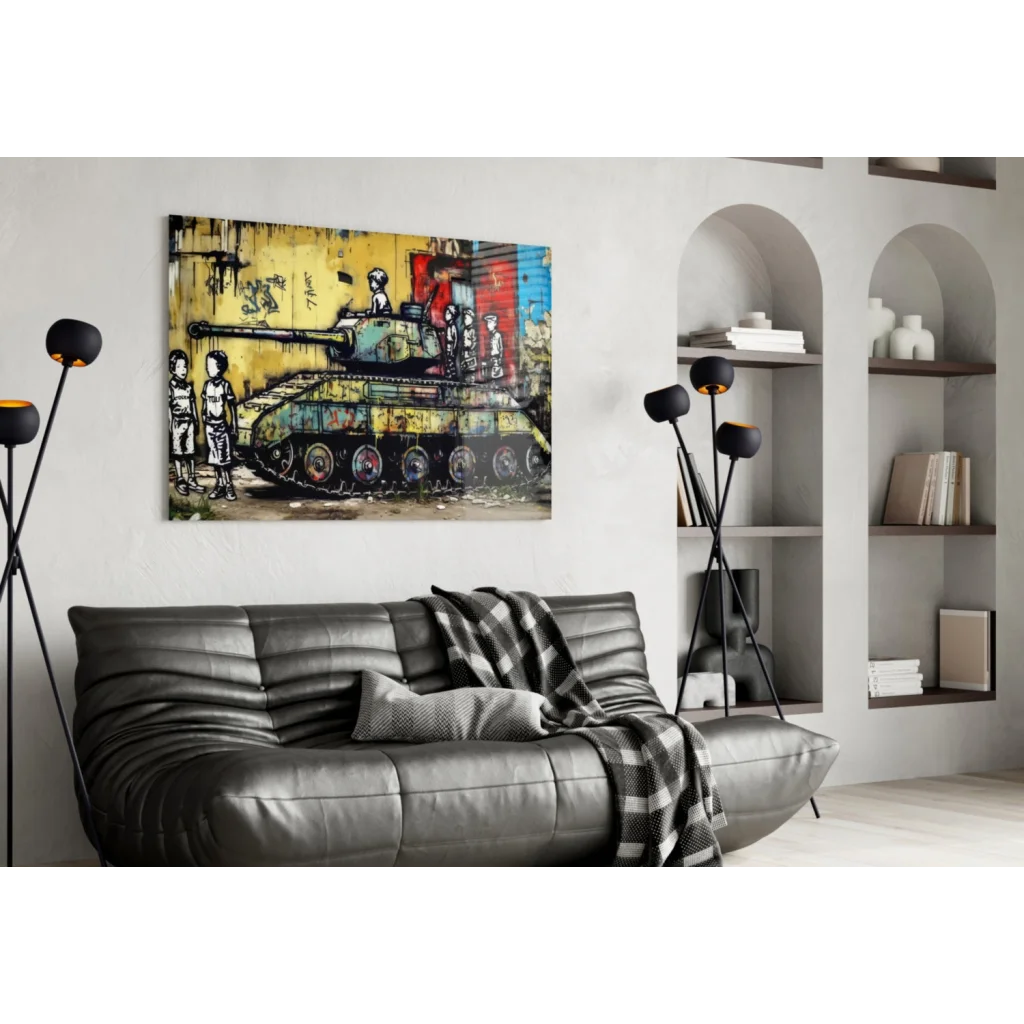 Vibrant graffiti tank with kids on colorful wall art canvas