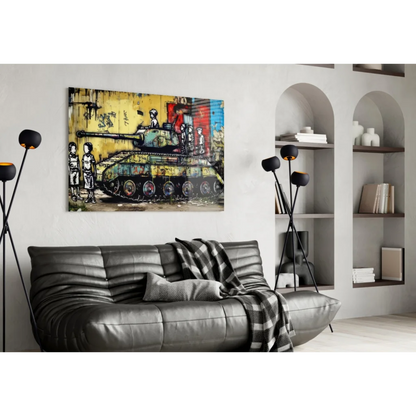 Vibrant graffiti tank with kids on colorful wall art canvas