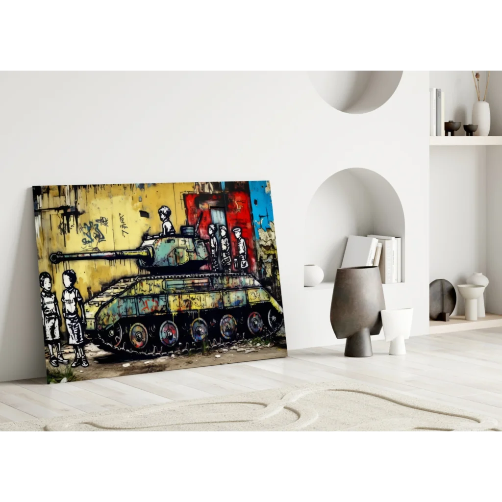 Vibrant graffiti tank wall art canvas with colorful kids and paint splatters