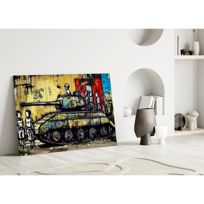 Vibrant graffiti tank wall art canvas with colorful kids and paint splatters