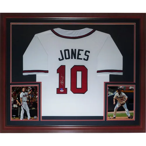 Chipper Jones autographed Atlanta Braves jersey framed in cherry wood