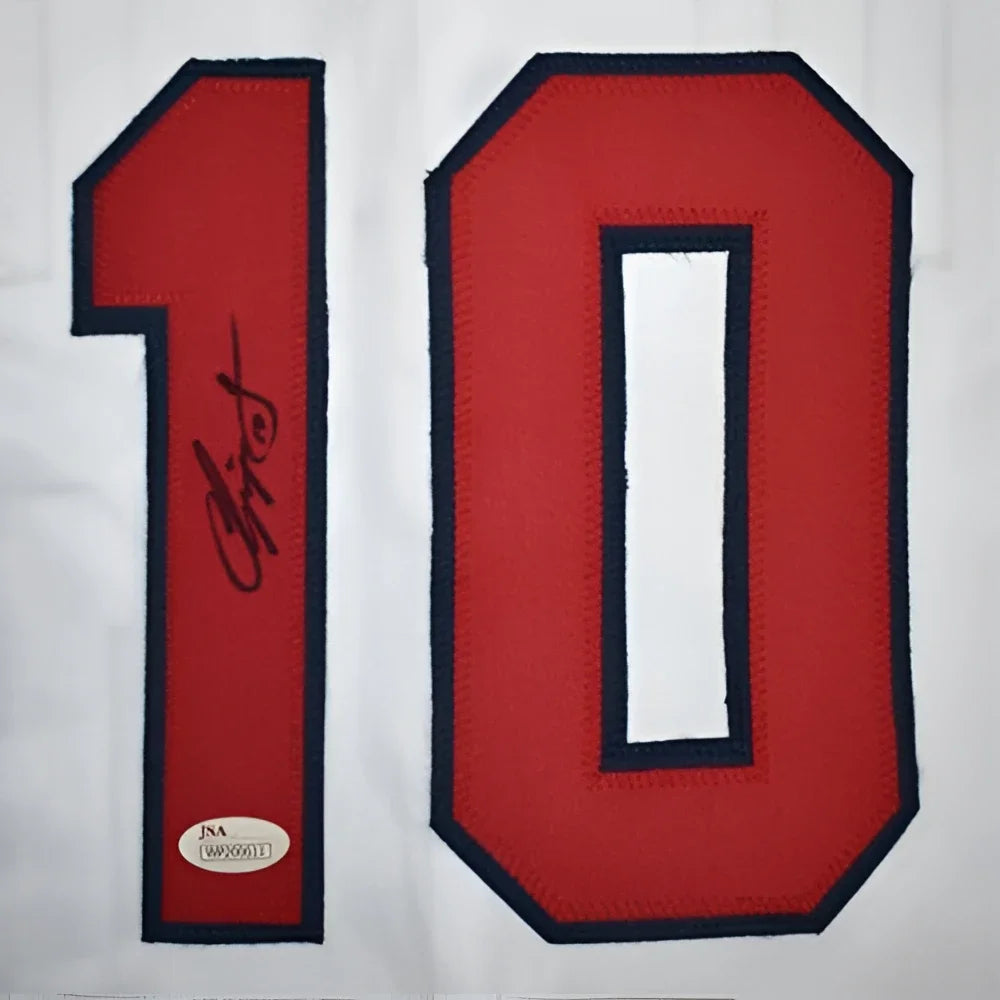 Chipper Jones autographed white custom jersey with red 10 patch and JSA sticker